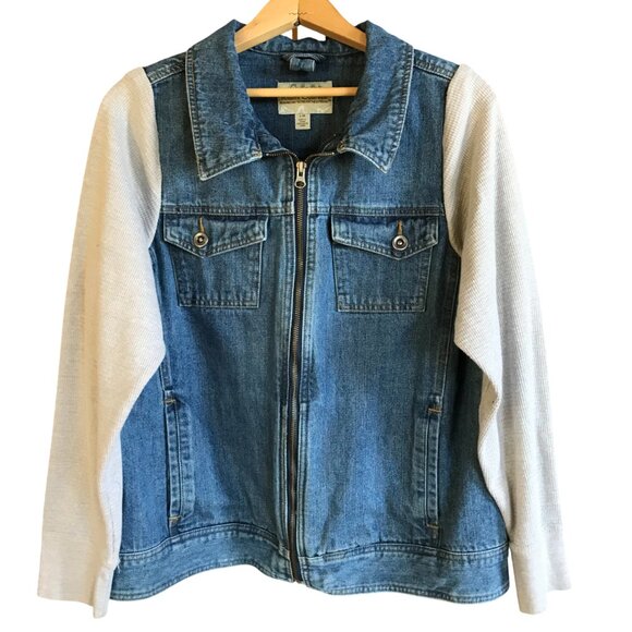 Upcycled Denim Jacket, Size M: Nature Wanderer Patches, Waffle Knit Sleeves - Picture 3 of 12